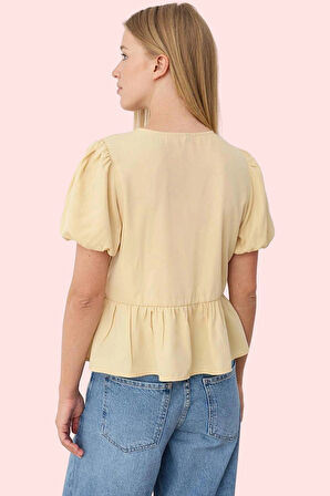 Kadın V Yaka Bağlamalı Kısa Kollu Dokuma Gömlek Günlük Kullanım Yaz Aylarının Vazgeçilmezi