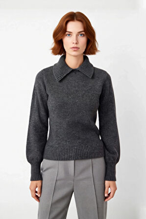 Kadın Triko Kazak Regular Kalıp Polo Yaka Taş Detaylı Uzun Kollu Kışlık Şık Ve Modern Tasarım