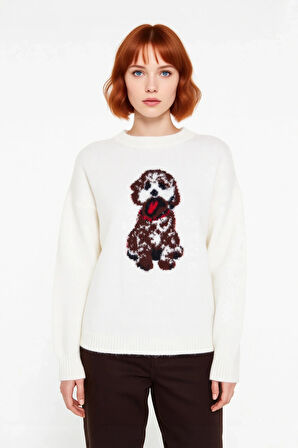 Kadın Oversize Köpek Deseni Bisiklet Yaka Triko Kazak Rahat Şık Kışlık Kombinler İçin İdeal Seçim