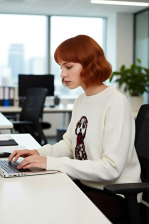 Kadın Oversize Köpek Deseni Bisiklet Yaka Triko Kazak Rahat Şık Kışlık Kombinler İçin İdeal Seçim