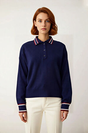 Kadın Polo Yaka Oversize Düşük Kol Renk Bloklu Triko Kazak Kış Sezonu Günlük Rahat Kombinler İçin