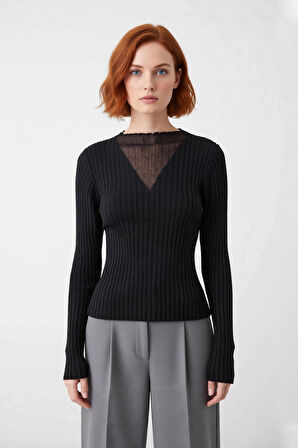 Kadın Fitted Kalıp Siyah Transparan Detaylı V Yaka Uzun Kollu İnce Triko Kazak İlkbahar Sonbahar