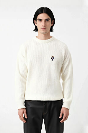 Erkek Oversize Bisiklet Yaka Ayı Nakışlı Selanik Dokuma Uzun Kollu Kışlık Triko Kazak Kaliteli