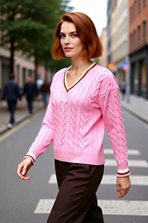 Kadın Kolej Stil Saç Örgülü V Yaka Triko Kazak Regular Kalıp Rahat Şık Günlük Kombinler İçin