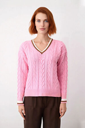 Kadın Kolej Stil Saç Örgülü V Yaka Triko Kazak Regular Kalıp Rahat Şık Günlük Kombinler İçin