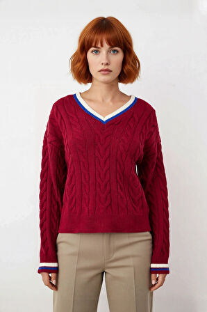 Kadın Kolej Stil Saç Örgülü V Yaka Triko Kazak Regular Kalıp Rahat Şık Günlük Kombinler İçin