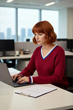 Kadın Kolej Stil Saç Örgülü V Yaka Triko Kazak Regular Kalıp Rahat Şık Günlük Kombinler İçin