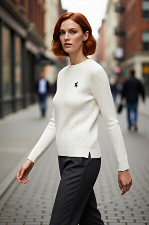 Kadın Regular Kalıp Saç Örgü Bisiklet Yaka At Nakışlı Akrilik Triko Kazak Kış Sezonu Şıklığı