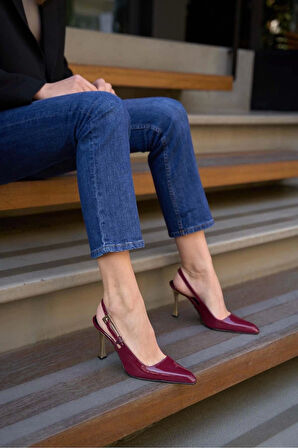 Arkası Açık Topuklu Ayakkabı Bordo Rugan