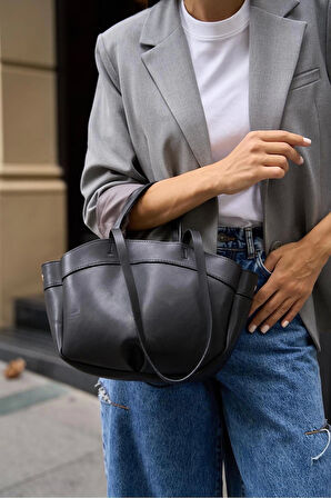 Modern Tasarımlı Geniş Hacimli Fermuarlı Kadın Shopper El ve Omuz Çantası