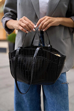 Modern Tasarımlı Geniş Hacimli Fermuarlı Kadın Shopper El ve Omuz Çantası