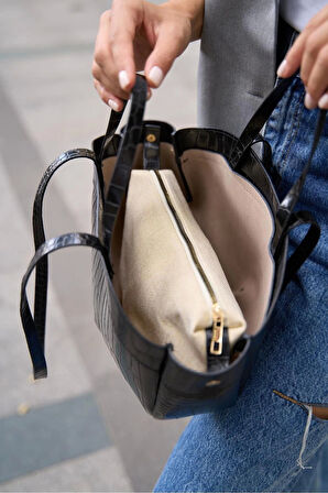 Modern Tasarımlı Geniş Hacimli Fermuarlı Kadın Shopper El ve Omuz Çantası