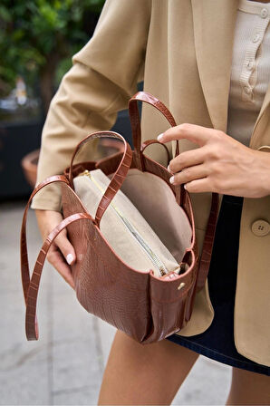 Modern Tasarımlı Geniş Hacimli Fermuarlı Kadın Shopper El ve Omuz Çantası