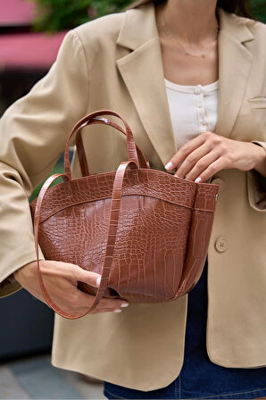 Modern Tasarımlı Geniş Hacimli Fermuarlı Kadın Shopper El ve Omuz Çantası