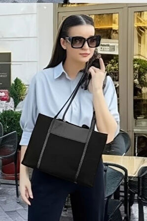 Deri Garnili Kanvas Tote El ve Omuz Çantası Geniş İç Hacimli Günlük Kullanım Modeli