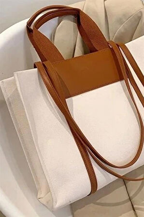 Deri Garnili Kanvas Tote El ve Omuz Çantası Geniş İç Hacimli Günlük Kullanım Modeli