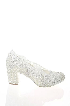 Kadın Moda Şık Sedef Inci Taş Işlemeli Gelin Ayakkabı Topuklu Düğün Nişan Gece Abiye Ayakkabı