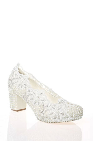 Kadın Moda Şık Sedef Inci Taş Işlemeli Gelin Ayakkabı Topuklu Düğün Nişan Gece Abiye Ayakkabı