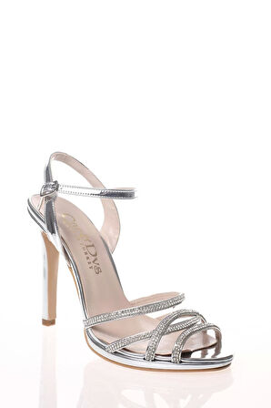 Kadın Moda Şık Gümüş Ayna Sonsuz Taşlı Topuklu Zarif Tasarım Düğün Nişan Gece Abiye Ayakkabı