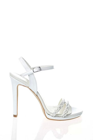 Kadın Moda Şık Platin Ayna Örgü Taş Topuklu Zarif Tasarım Düğün Nişan Gece Abiye Ayakkabı