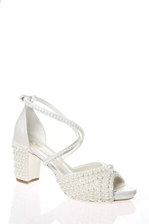 Kadın Moda Şık Sedef İnci Taş İşlemeli Gelin Ayakkabı Topuklu Düğün Nişan Gece Abiye Ayakkabı