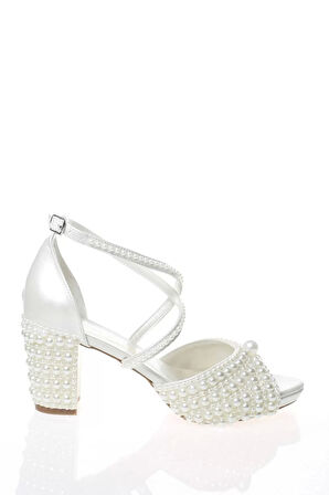Kadın Moda Şık Sedef İnci Taş İşlemeli Gelin Ayakkabı Topuklu Düğün Nişan Gece Abiye Ayakkabı