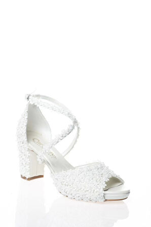 Kadın Moda Beyaz Sedef Inci Taş Işlemeli Gelin Ayakkabı Topuklu Düğün Nişan Gece Abiye Ayakkabı