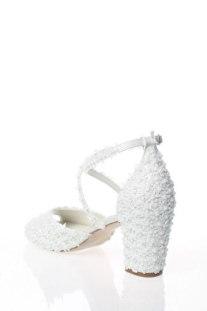 Kadın Moda Beyaz Sedef Inci Taş Işlemeli Gelin Ayakkabı Topuklu Düğün Nişan Gece Abiye Ayakkabı