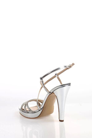 Kadın Moda Şık Gümüş Ayna Taşlı Abiye Topuklu Zarif Tasarım Düğün Nişan Gece Abiye Ayakkabı