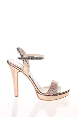 Kadın Moda Şık Platin Ayna Taşlı Tek Bant Topuklu Düğün Nişan Gece Abiye Ayakkabı