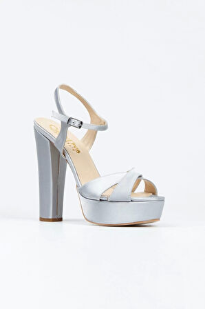 Kadın Moda Şık Gümüş Saten Klasik Ayakkabı Kalın Düğün Nişan Gece Abiye Ayakkabı