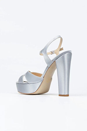 Kadın Moda Şık Gümüş Saten Klasik Ayakkabı Kalın Düğün Nişan Gece Abiye Ayakkabı