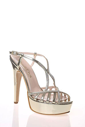 Kadın Moda Şık Gold Ayna Dekolte Taşlı Topuklu Zarif Tasarım Düğün Nişan Gece Abiye Ayakkabı