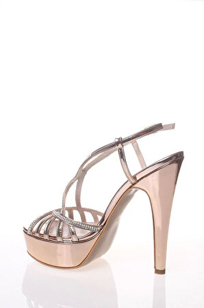 Kadın Moda Şık Gold Ayna Dekolte Taşlı Topuklu Zarif Tasarım Düğün Nişan Gece Abiye Ayakkabı