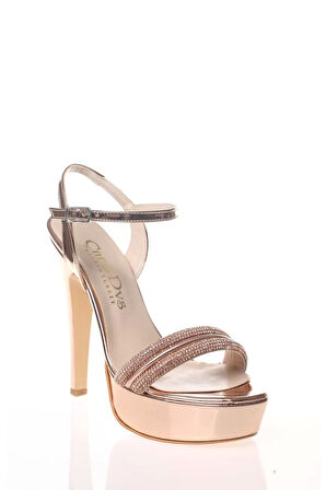 Kadın Moda Şık Platin Ayna Double Taş Topuklu Zarif Tasarım Düğün Nişan Gece Abiye Ayakkabı