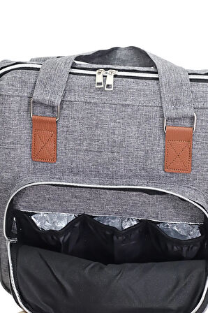 Termal Biberon Bölmeli Gri Anne Bebek Bakım Çantası Deri Detaylı Askılı Bebek Arabası Uyumlu