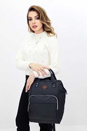 Termal Bölmeli Siyah Anne Bebek Sırt Çantası Geniş Hacimli Su Geçirmez Bakım Çantası Puset Uyumlu