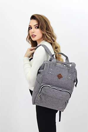 Termal Bölmeli Gri Anne Bebek Sırt Çantası Melanj Kumaş Su Geçirmez Bebek Bakım Çantası Puset Uyumlu