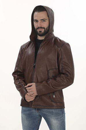 Erkek El Yapımı Kapüşonlu Derimont Kahverengi Hakiki Kuzu Derisi Erkek Mont