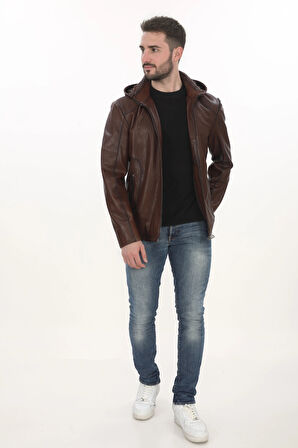 Erkek El Yapımı Kapüşonlu Derimont Kahverengi Hakiki Kuzu Derisi Erkek Mont