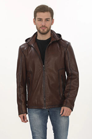 Erkek El Yapımı Kapüşonlu Derimont Kahverengi Hakiki Kuzu Derisi Erkek Mont