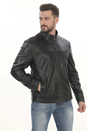 Erkek Şehir Stiline Uygun Derimont Model Hakiki Kuzu Derisi Ceket Fermuarlı Dik Yaka