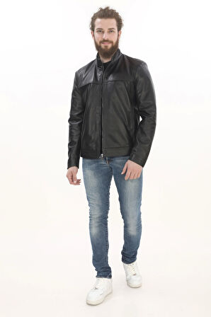 Erkek Şehir Stiline Uygun Derimont Model Hakiki Kuzu Derisi Ceket Fermuarlı Dik Yaka