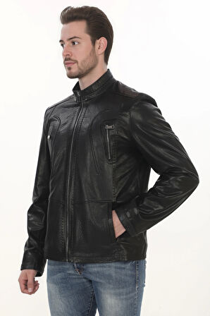 Erkek Motorcu Ruhuna Hitap Eden Derimont Slim Fit Hakiki Kuzu Derisi Siyah Erkek Deri Ceket