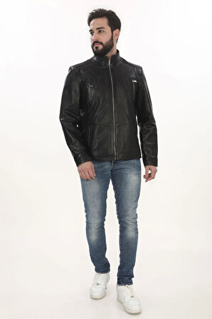 Erkek Motorcu Ruhuna Hitap Eden Derimont Slim Fit Hakiki Kuzu Derisi Siyah Erkek Deri Ceket