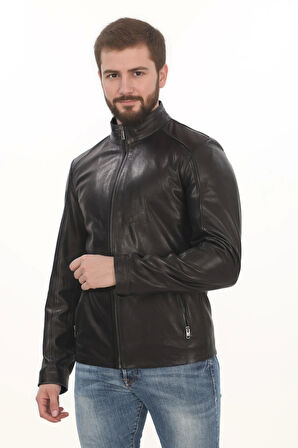 Erkek Minimal ve Çekici Derimont Ceket Erkek Hakiki Kuzu Derisi Slim Fit Siyah Mont