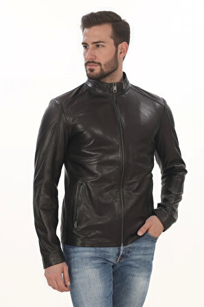 Erkek Minimal ve Çekici Derimont Ceket Erkek Hakiki Kuzu Derisi Slim Fit Siyah Mont