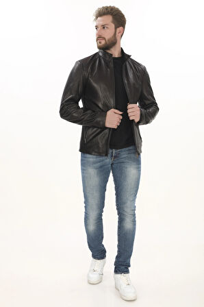 Erkek Minimal ve Çekici Derimont Ceket Erkek Hakiki Kuzu Derisi Slim Fit Siyah Mont