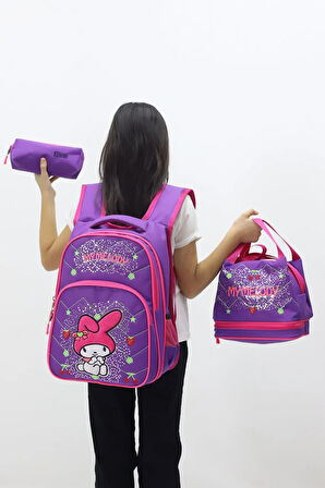MyMelody Kız Çocuk 3’lü Okul Çanta Seti Sevimli Tasarımlı Sırt Çantası Beslenme Çantası Kalemlik
