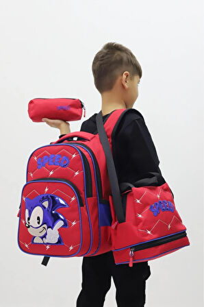 Kirpi Sonic Erkek Çocuk 3’lü Okul Çanta Seti Özel Tasarım Sırt Çantası Beslenme Çantası Kalemlik